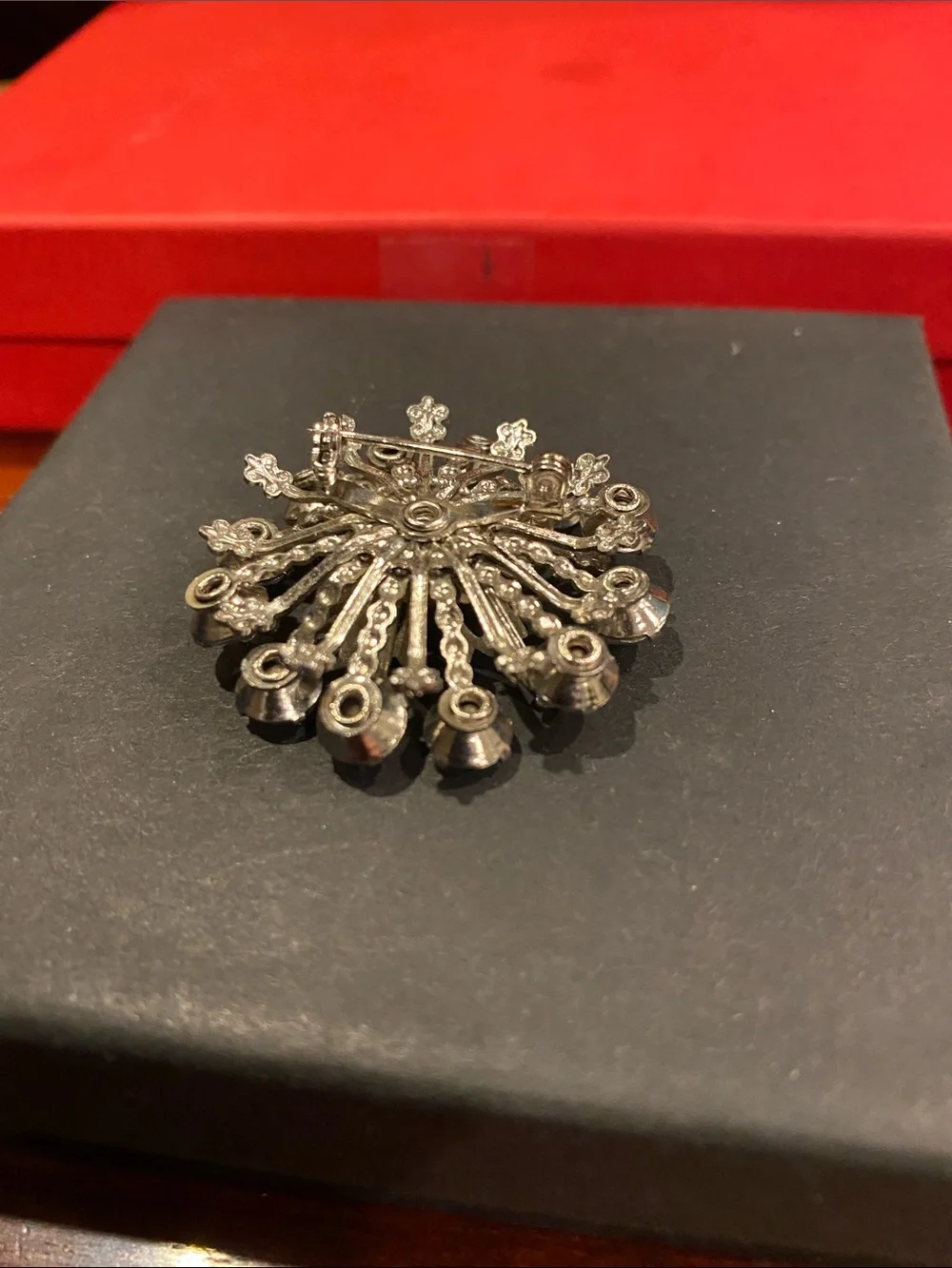 Silver-Tone Vintage Tiered Blue Crystal Floral Burst Brooch
